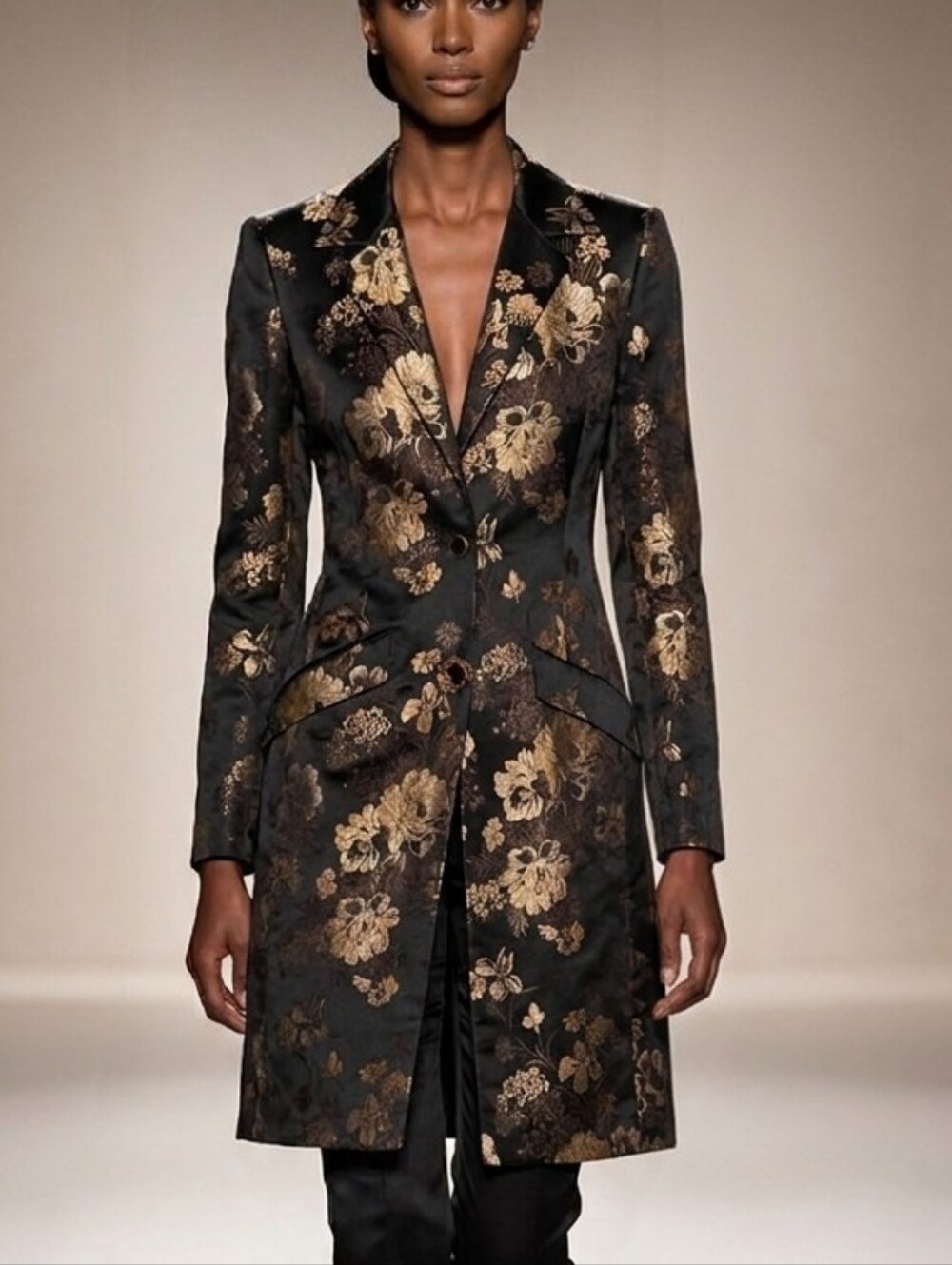 Vintage Newport News Black & Gold Floral Long Blazer Coat Size 6